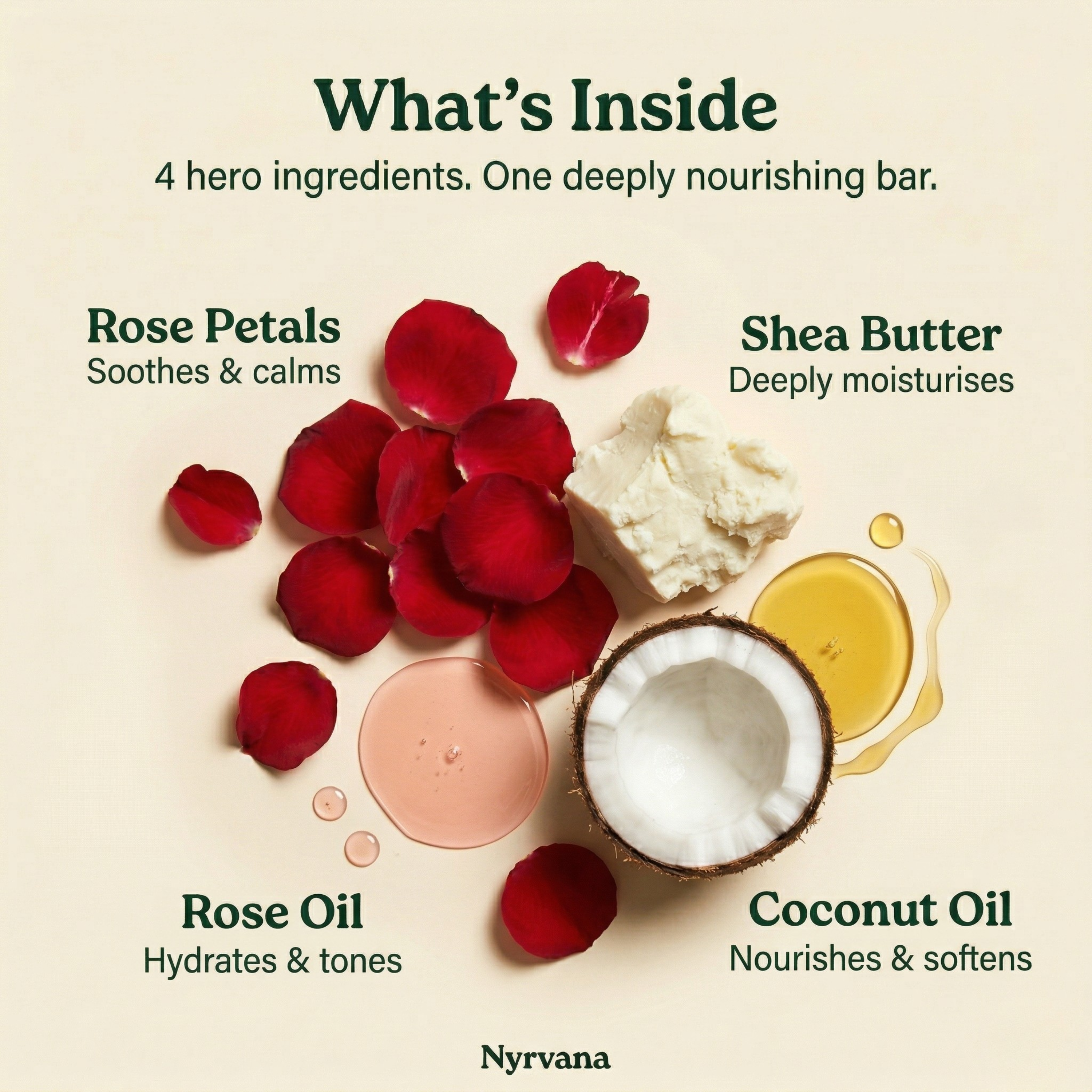 Nyrvana Rose Shea Butter Soap hero ingredients rose petals shea butter rose oil and coconut oil flatlay on cream background
