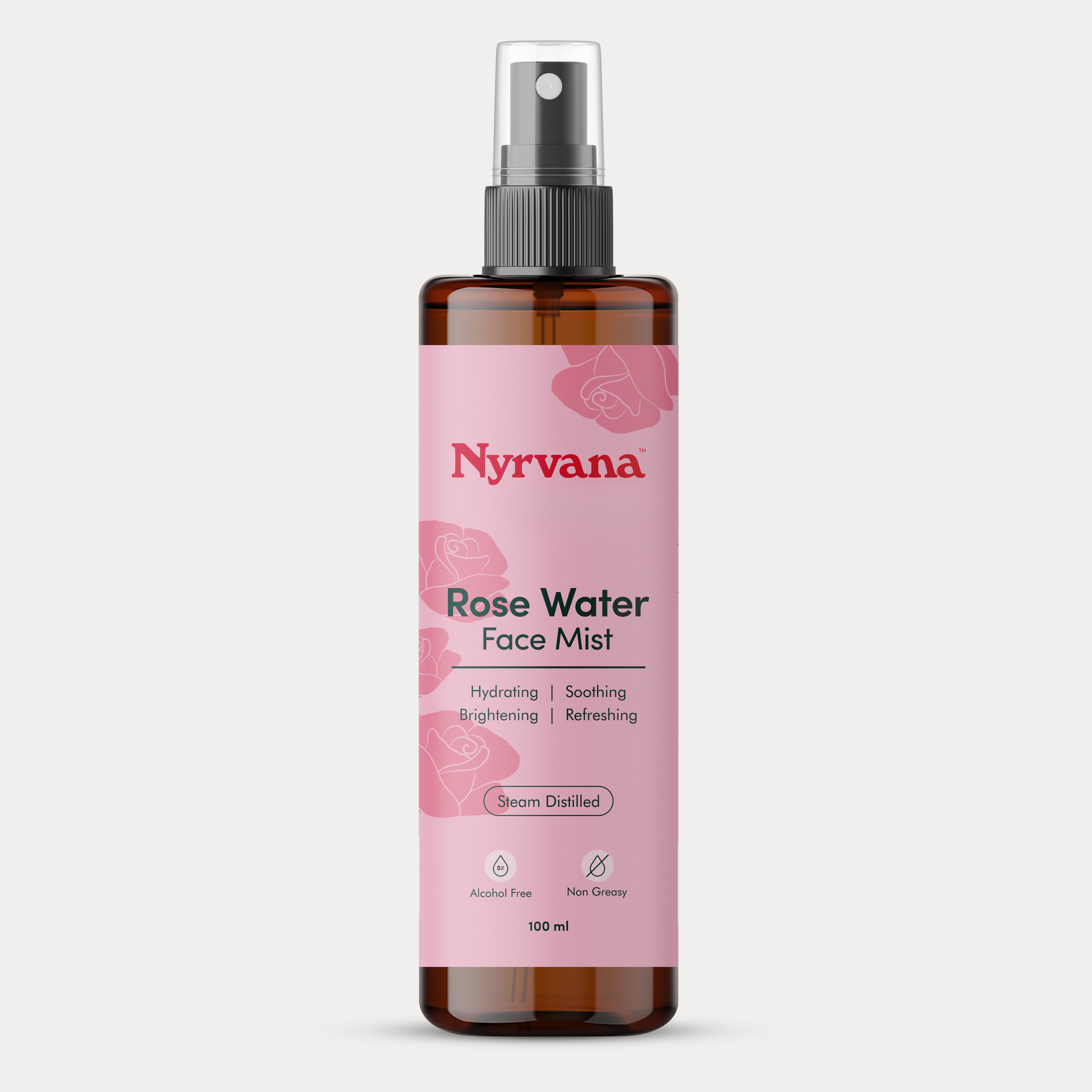 Nyrvana Rose Water Face Mist 100ml amber spray bottle with pink label on white background
