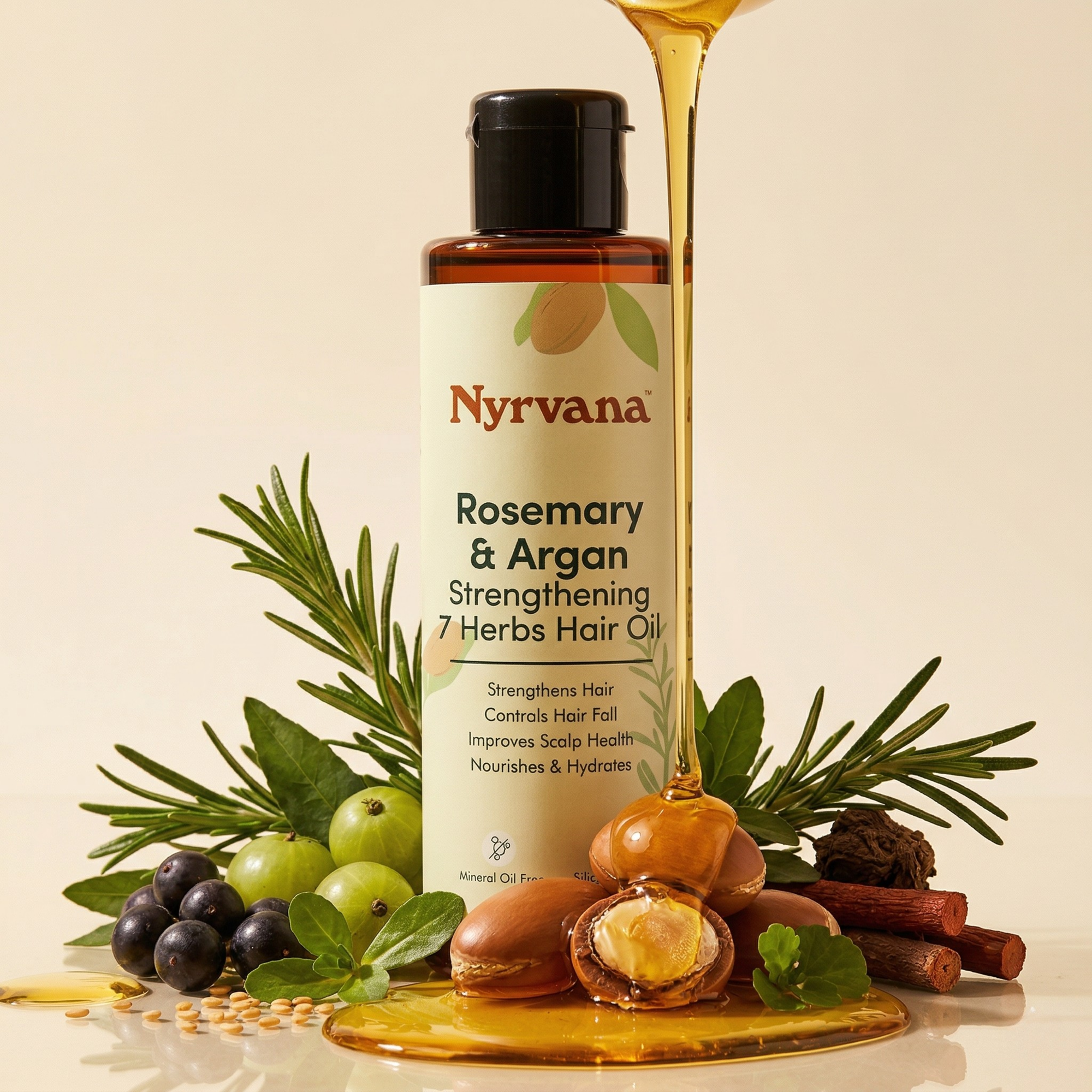 Nyrvana Rosemary and Argan Hair Oil 100ml surrounded by fresh rosemary argan nuts amla and herbs with golden oil drizzle