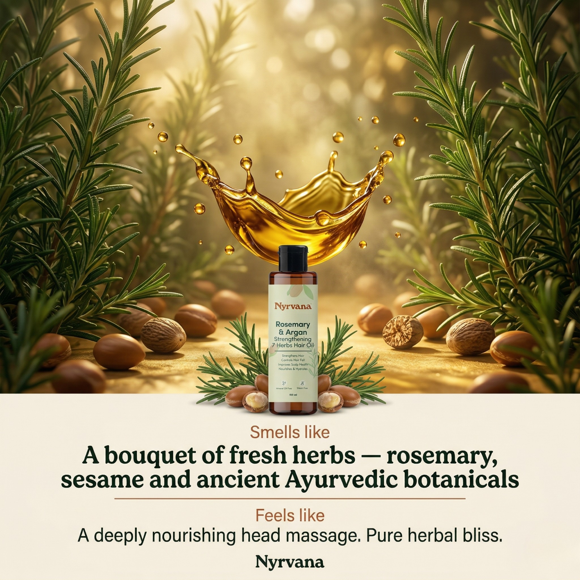 Nyrvana Rosemary and Argan Hair Oil bottle surrounded by rosemary sprigs and argan nuts with golden oil splash on warm botanical background
