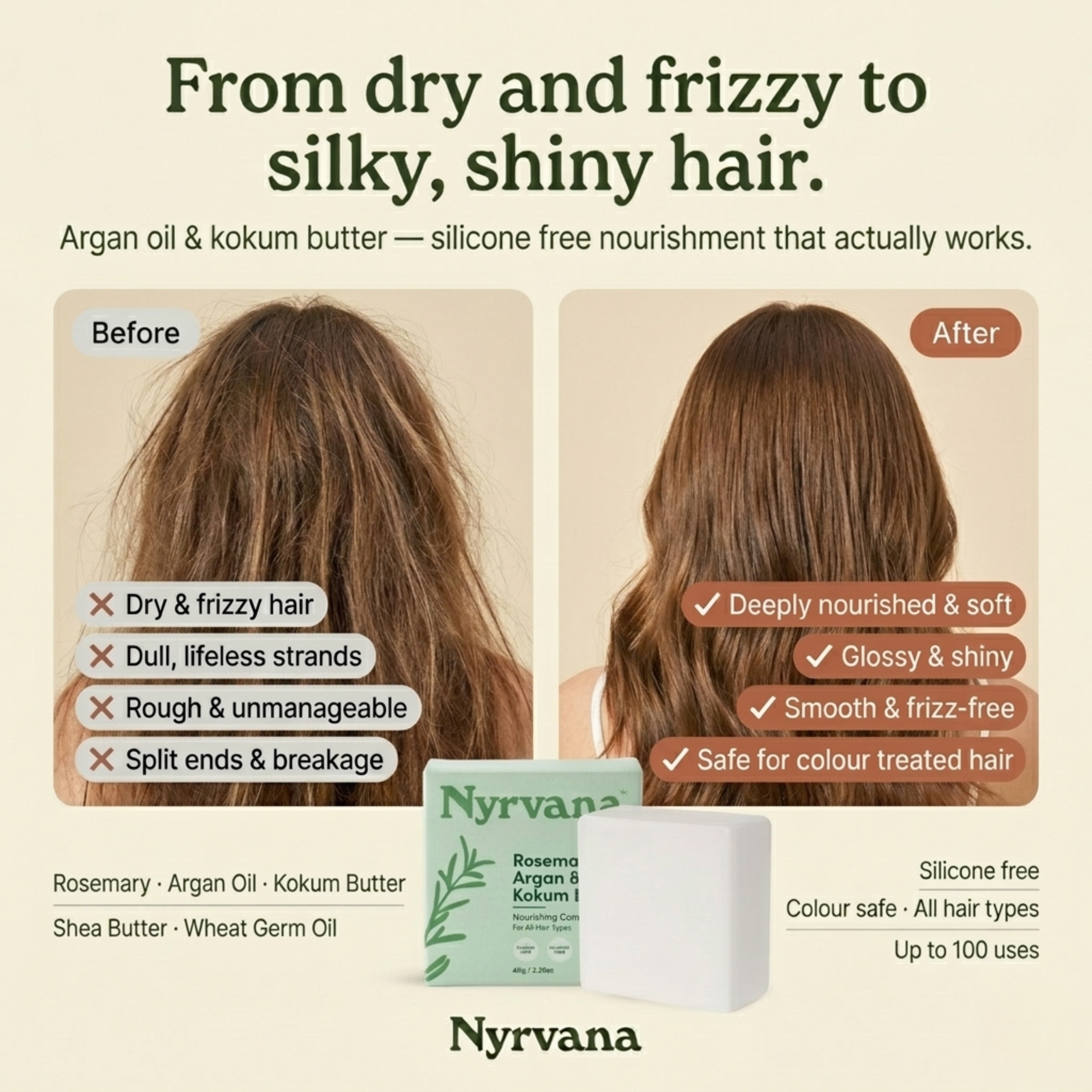Nyrvana Rosemary Argan Kokum Butter Conditioner Bar before and after — dry frizzy dull hair transformed to silky shiny smooth frizz free