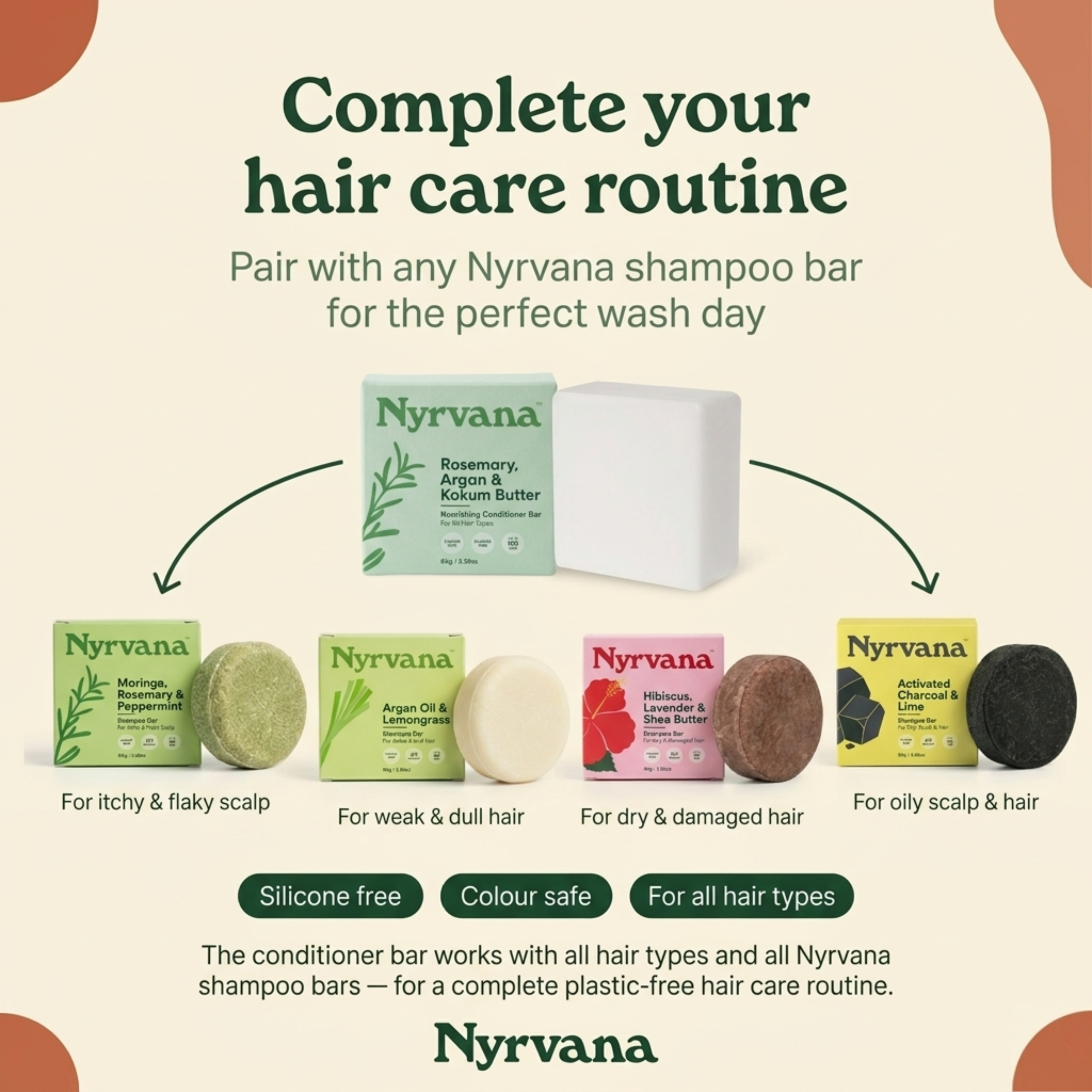 Nyrvana Rosemary Argan Kokum Butter Conditioner Bar pairs with all Nyrvana shampoo bars for complete plastic free hair care routine