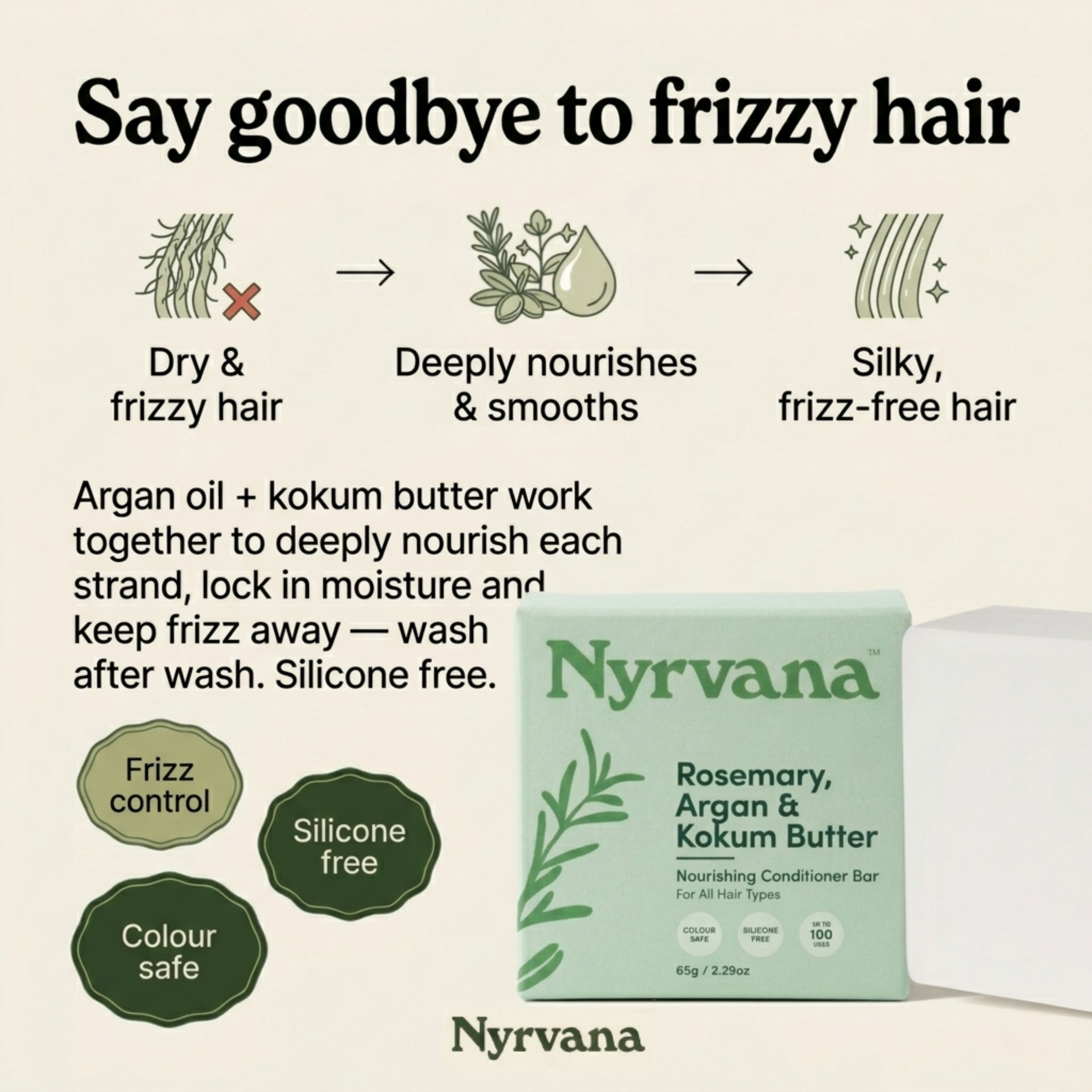 Nyrvana Rosemary Argan Kokum Butter Conditioner Bar — deeply nourishes smooths and controls frizz silicone free colour safe
