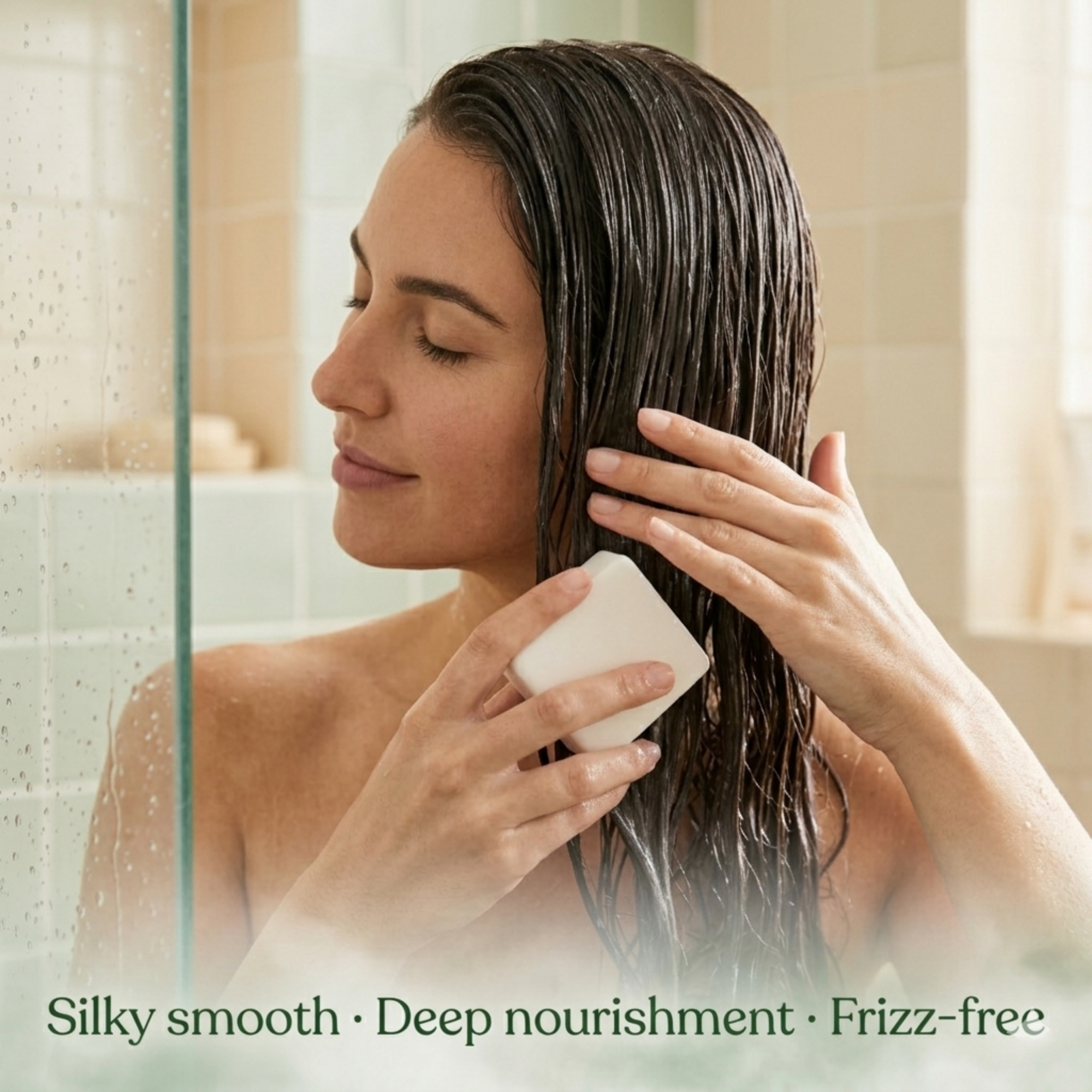 Woman using Nyrvana Rosemary Argan Kokum Butter Conditioner Bar in shower — silky smooth deep nourishment frizz free all hair types