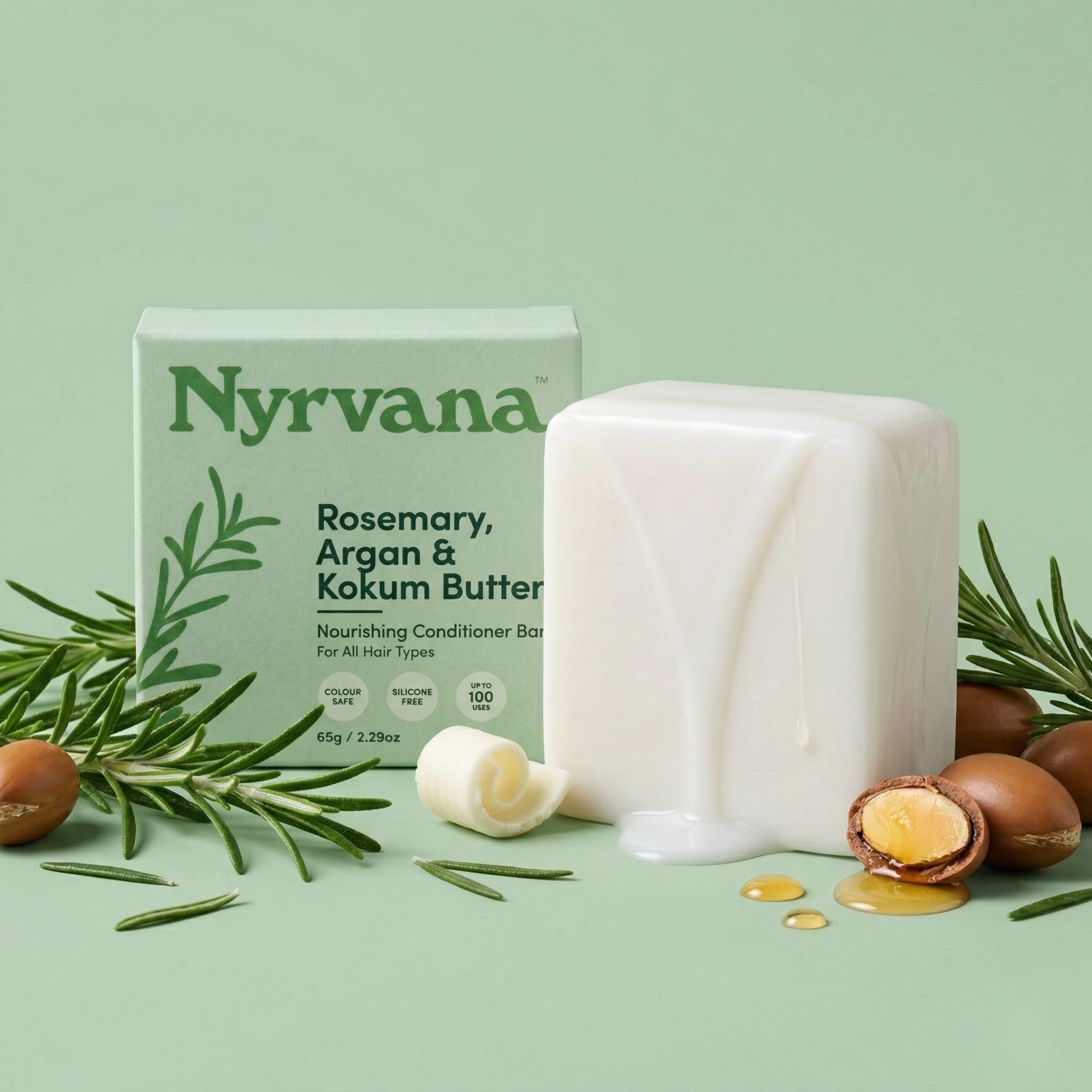 Nyrvana Rosemary Argan Kokum Butter Conditioner Bar with fresh rosemary sprigs and argan nuts silicone free nourishing