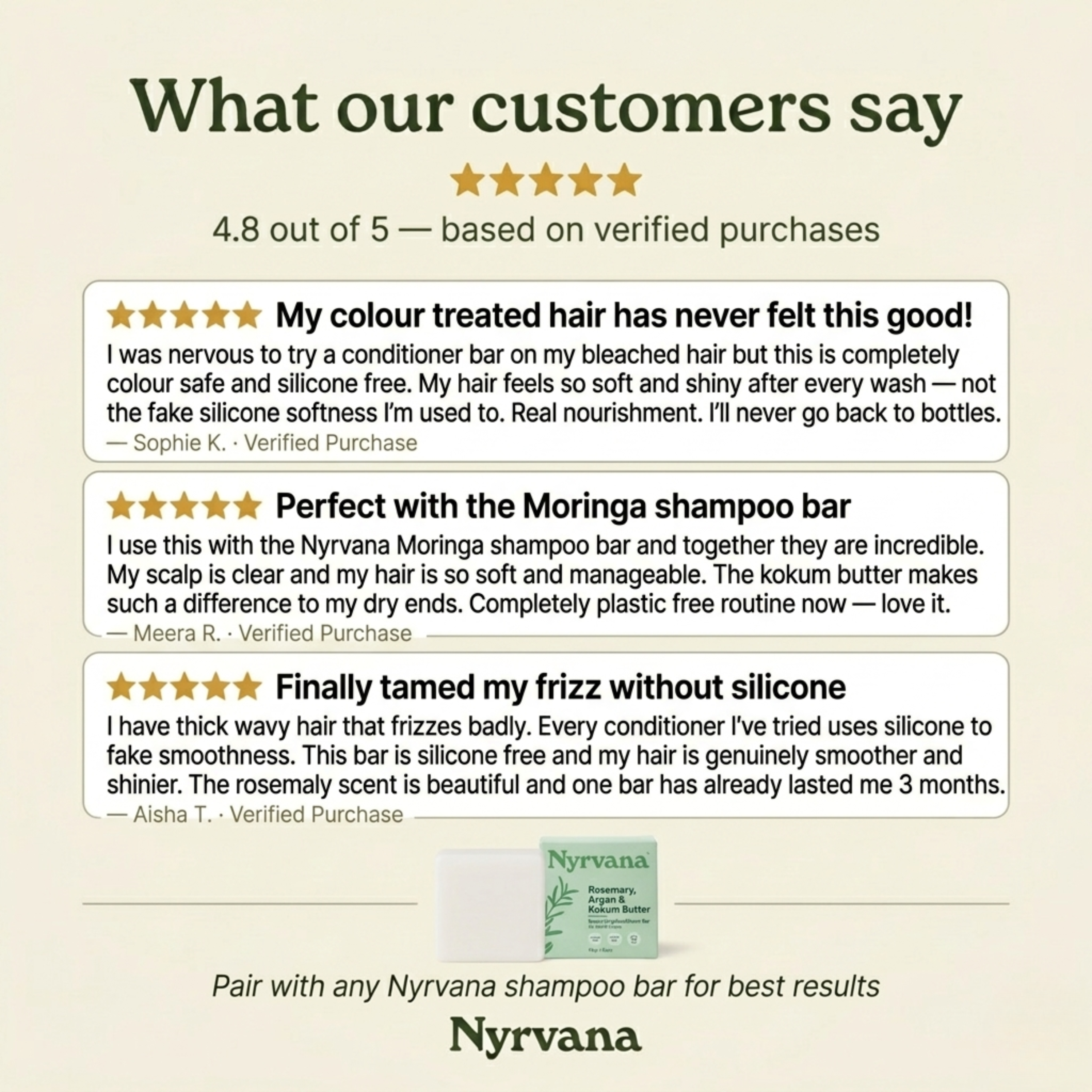 Nyrvana Rosemary Argan Kokum Butter Conditioner Bar customer reviews 4.8 out of 5 verified purchases silicone free frizz control