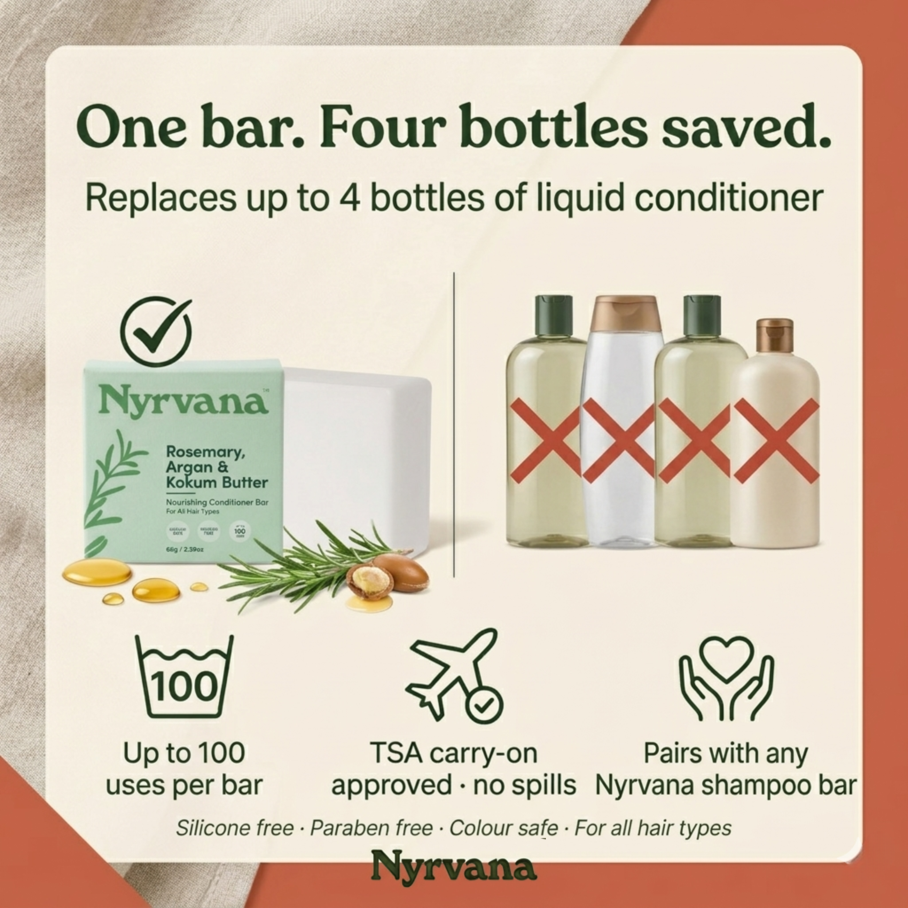 Nyrvana Rosemary Argan Kokum Butter Conditioner Bar — 100 uses replaces 4 bottles zero plastic travel friendly silicone free