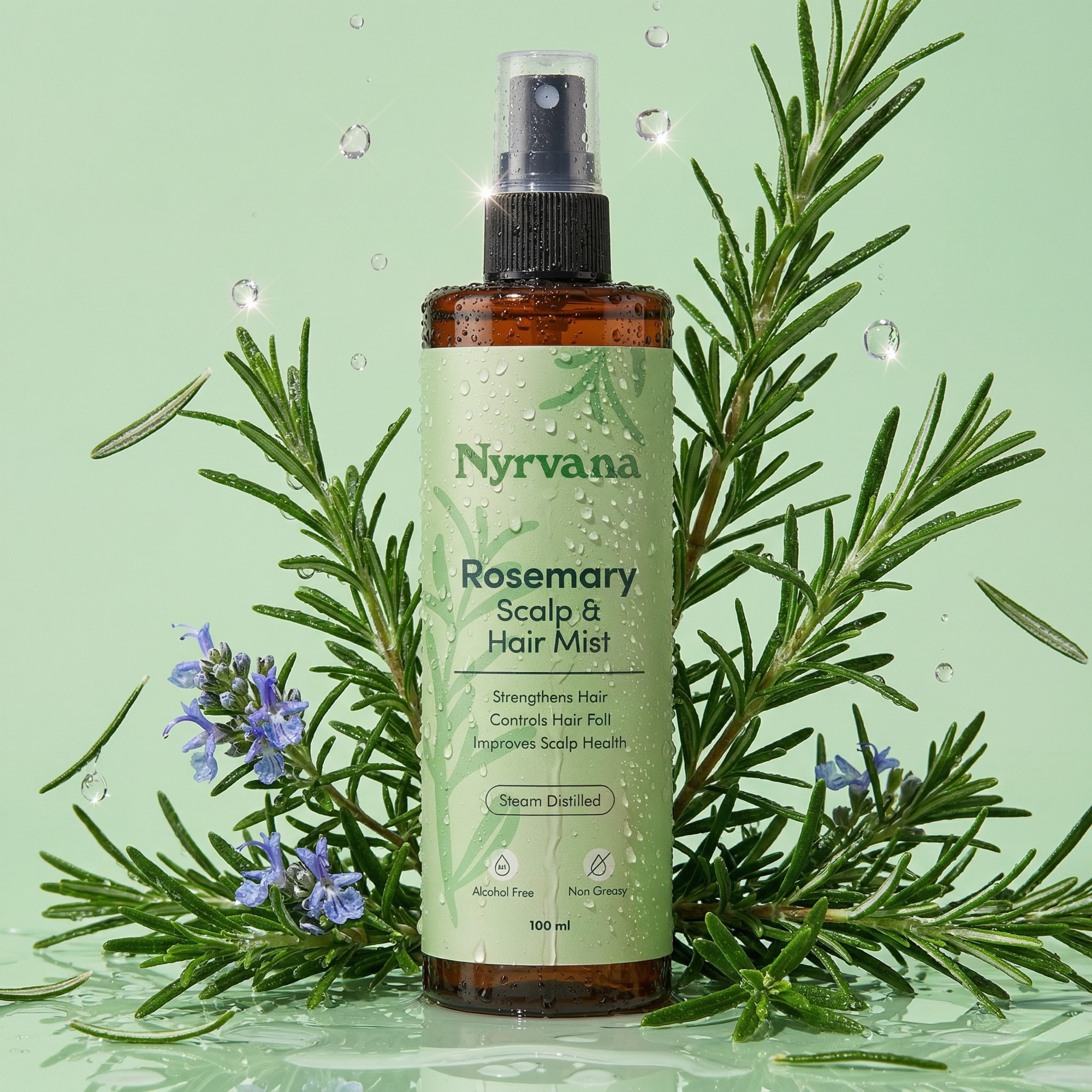 Nyrvana Rosemary Scalp and Hair Mist surrounded by fresh rosemary sprigs and water droplets on green background