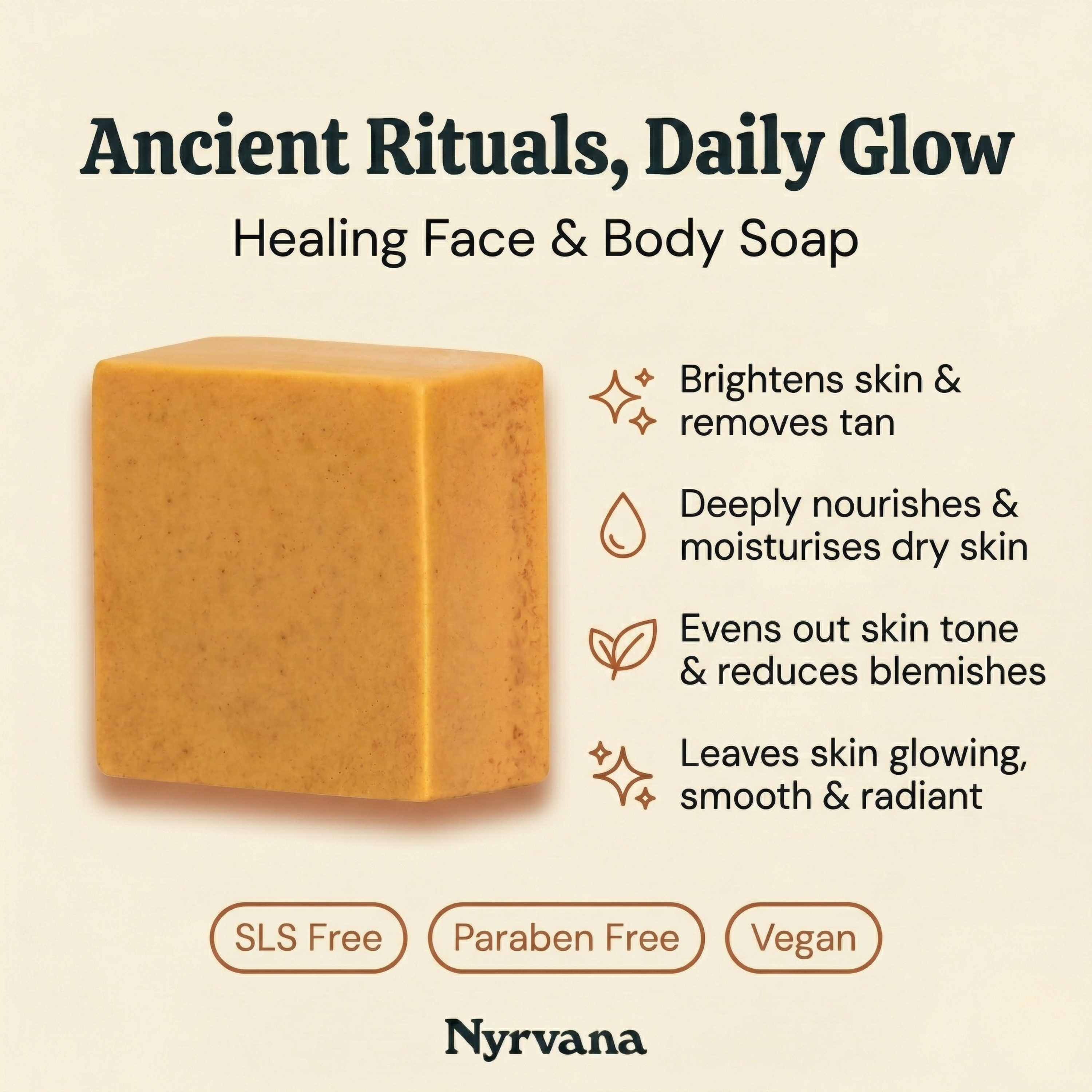 Nyrvana Sandalwood Turmeric Kokum Butter Soap benefits brightens skin removes tan nourishes moisturises evens tone SLS free paraben free vegan