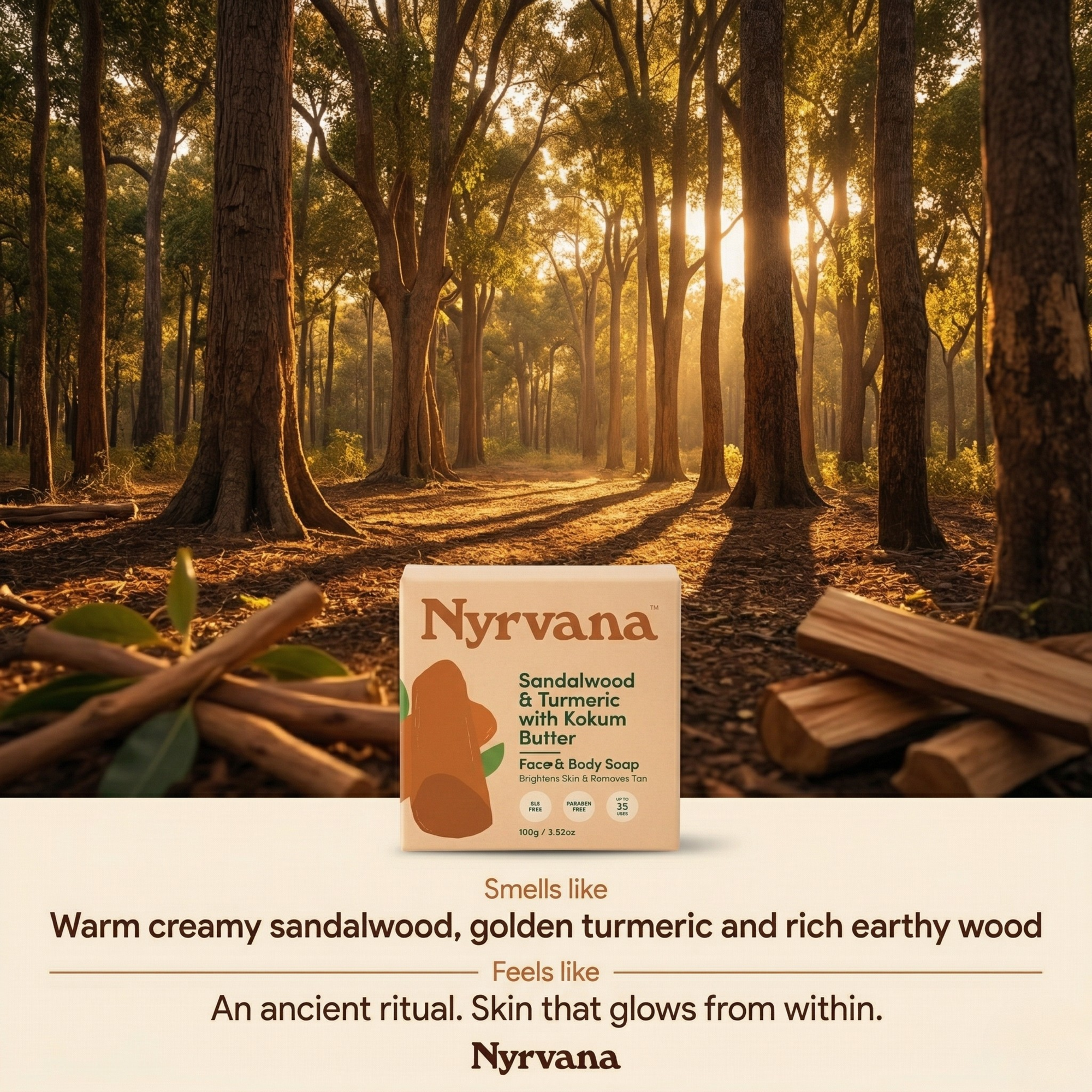Nyrvana Sandalwood Turmeric Kokum Butter Soap box in forest setting smells like warm creamy sandalwood golden turmeric rich earthy wood