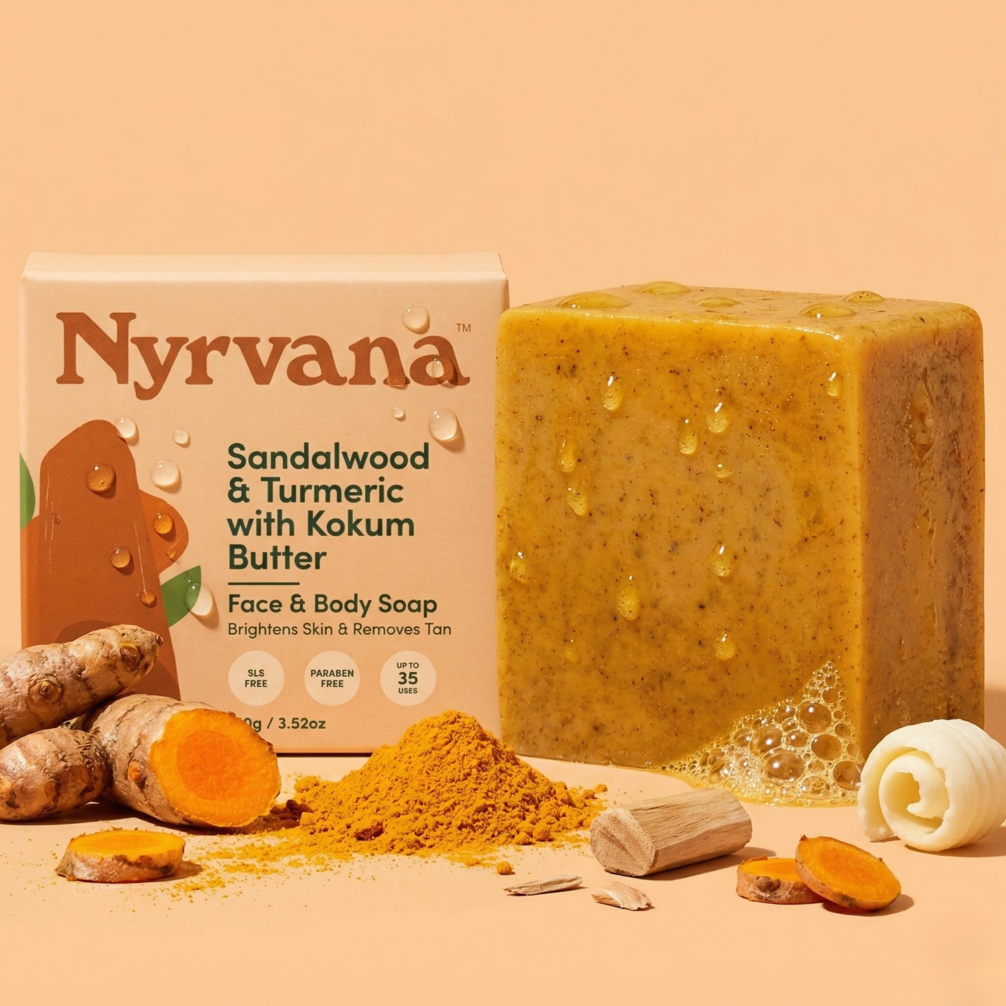Nyrvana Sandalwood Turmeric Kokum Butter Soap bar with turmeric root powder sandalwood and kokum butter ingredients on peach background