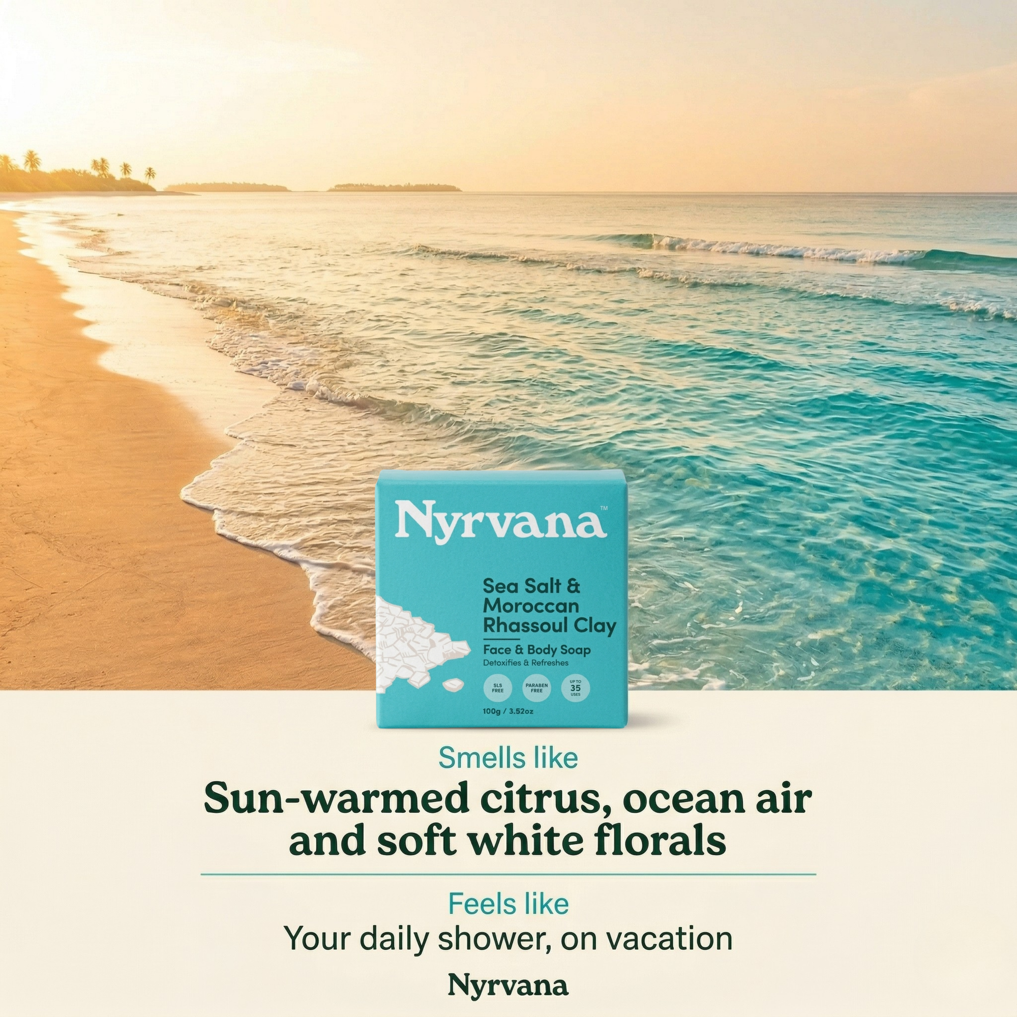  Nyrvana Sea Salt Rhassoul Clay Soap box on tropical beach shoreline with turquoise water and golden sunset light