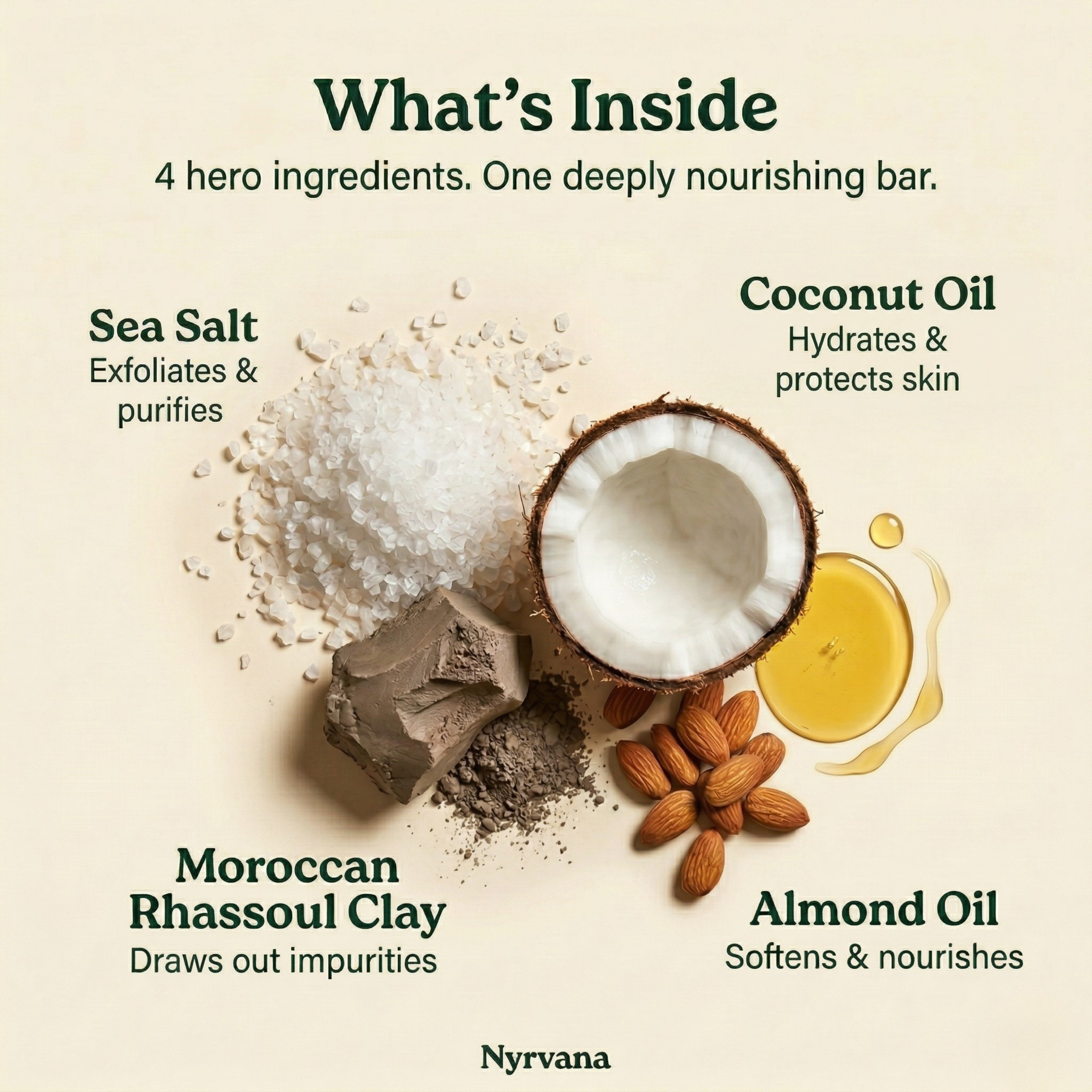 Flat lay of Nyrvana Sea Salt Soap ingredients including sea salt crystals Moroccan rhassoul clay coconut oil and almond oil with benefit labels
